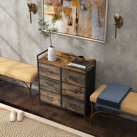Cassettiera, mobile contenitore per camera da letto con 6 cassetti, rivestimento interno in tessuto non tessuto, struttura in acciaio, 79 x 29 x 85 cm, effetto legno mogano.