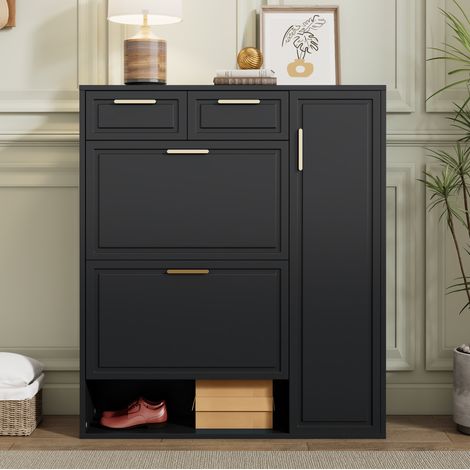 Schuhschrank aus MDF und Spanplatte Schwarz 95x24x107 cm mit 2 Schubladen, verstellbaren Einlegeböden und offenen Fächern (1/5)