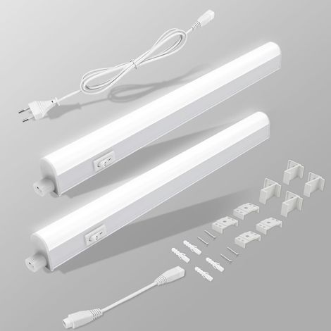 Réglette LED Lot de 2, 31.5cm Lampe de Placard 4000K Blanc Neutre, Lampe d'Armoire à Interrupteur, 500lm LED Cuisine Connectable, Reglette LED Cuisine pour Placard, Armoire, Escalier, Couloir (1/5)