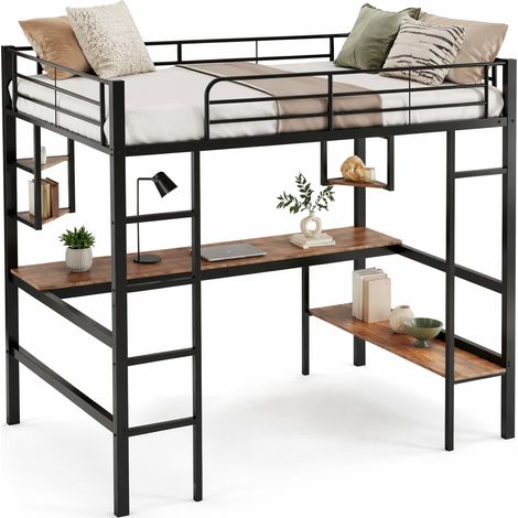 Letto a soppalco 90x200 cm in metallo nero con scrivania, 4 ripiani triangolari e grande libreria, per studio e risparmio spazio, struttura stabile - CHICFURN (1/5)