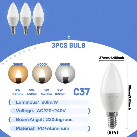 (3 ampoules, lumière naturelle 4000K) Mini ampoules LED E14 C37, adaptées à l'éclairage des chambres, cuisines, hôtels et halls d'entrée. (1/5)