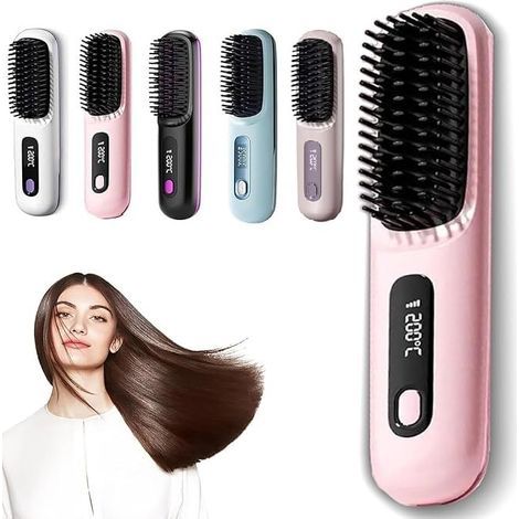 Brosse Lisseuse Sans Fil, Portable et Rechargeable, Design Durable et Respectueux des Cheveux, Idéale pour les Voyages et l'Utilisation Quotidienne (Rose) (1/5)