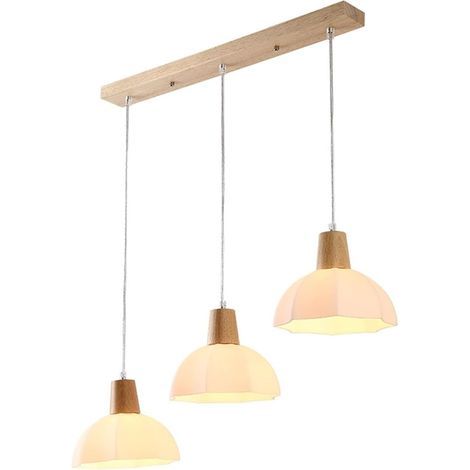 Lámpara colgante de madera y cristal, lámpara de techo de cristal blanco lechoso, lámpara colgante rústica para cocina, isla de comedor, decoración de recibidor (lámpara recta de tres cabezales, luz c (1/5)