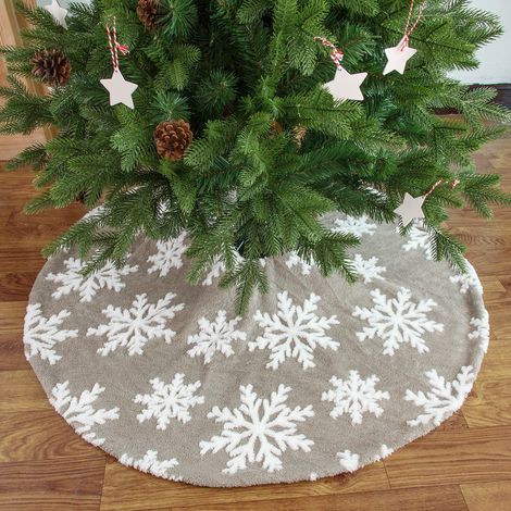 Décorations de Noël, base de sapin de Noël en coton peluche flocon de neige, tablier, jupe de sapin de Noël, flocon de neige gris, 120 cm (environ 48 pouces).