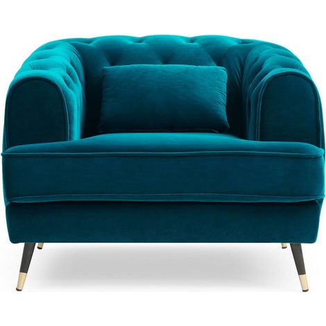 Fauteuil Capitonné Velours Bleu Canard – Fauteuil Design Style Boudoir Chic avec Pieds Noir (1/5)