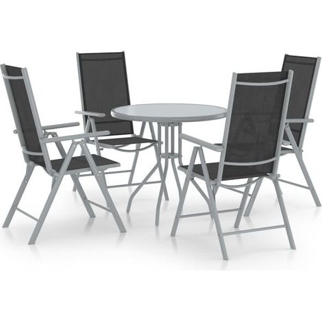 Ensemble table et chaises de jardin cinq pièces, aluminium argenté et tissu Teslin. (1/5)