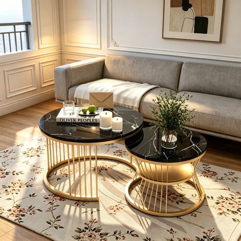 Lot de 2 tables basses gigognes - Plateau effet marbre noir, pied en fer forme en V, Design moderne pour Salon chambre bureau