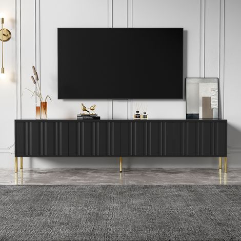 Mobile TV basso per soggiorno, 190x38x48 cm, 4 ante, ampio spazio di archiviazione, MDF + truciolato, nero, gambe dorate
