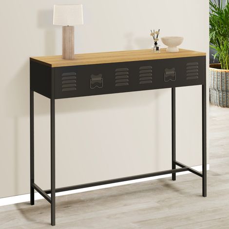 Consola ESTER de 1 cajón con tapa de metal negro y madera de diseño industrial
