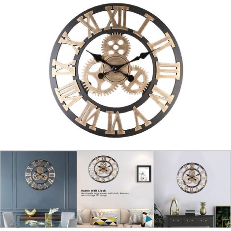 Horloge murale rustique 3D artisanale en bois, engrenage, style vintage, 58 cm, couleur or, idéale pour salon, bureau ou bar. (1/4)