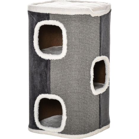 Katzenbaum Kratztonne Mit 3 Ebenen, Spanplatte, Samtartiges Polyester, Sisal, Grau+Weiß, 40X40X74Cm (1/5)