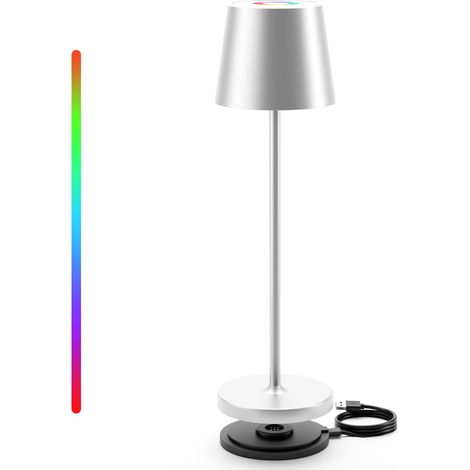 Lampe de table LED sans fil, lampe décorative d'ambiance blanc chaud et RVB, lampe de bureau rechargeable à intensité variable, étanche IP54 (argent) (1/5)