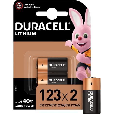 Duracell 123 Pile lithium haute puissance 3V, lot de 2 (CR123 / CR123A / CR17345), pour caméras Arlo, capteurs, verrous sans clé