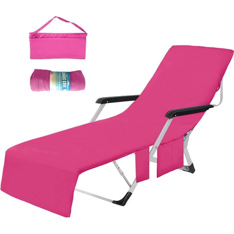 Microfibre Serviette de Plage Transat Bain de Soleil, Drap de Plage pour Chaise Longue Homme Femme, Séchage Rapide/Plusieurs Poches/Poids Léger/Ultra Absorbant, 75 X 210CM Rose (1/5)