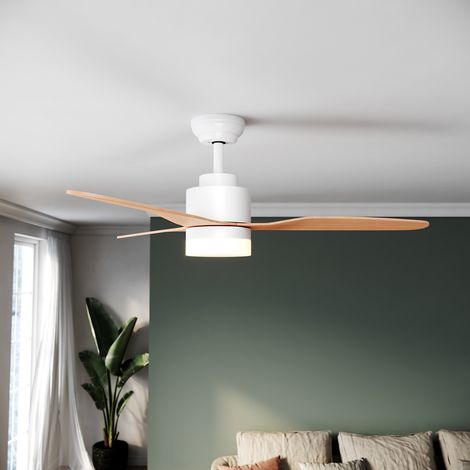 SONNI Ventilador de Techo con Luz Regulable y Mando a Distancia,Ventilador techo Silencioso con 3 Aspas de ABS,Acabado en Blanco y Madera (1/5)