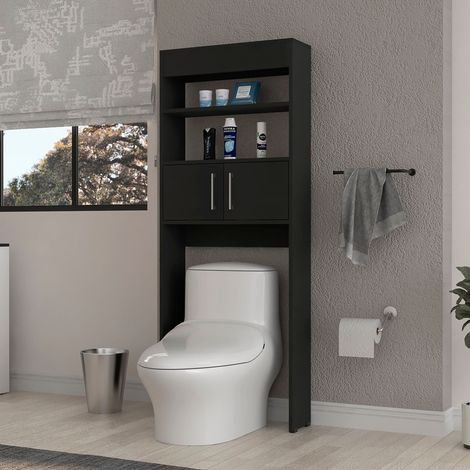 Scaffale da bagno sopra il WC Madrid, con due ante e mensole, dimensioni 160 cm L x 20,3 cm P x 62,4 cm H, colore nero (1/5)