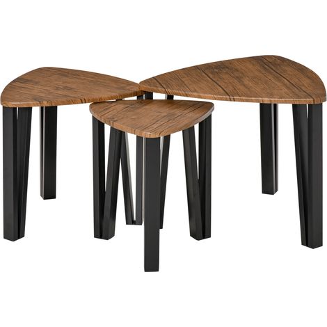Dreiteiliges Set aus ineinander schiebbaren Couchtischen im Industriestil mit schwarzen Haarnadelbeinen aus Metall und Tischplatten in Walnussholzoptik