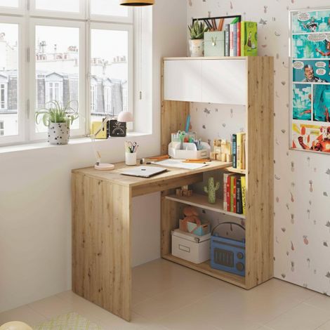 Bureau d'angle réversible multifonctionnel avec bibliothèque, Table d'étude ou de bureau multi-positions, 108x70h140 cm, Chêne blanc et noué (1/5)