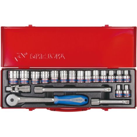 Coffret de douilles métriques 1/2' – 20 pièces – Douilles 12 pans – Cliquet 250 mm – Rallonges 125 mm et 250 mm – King Tony