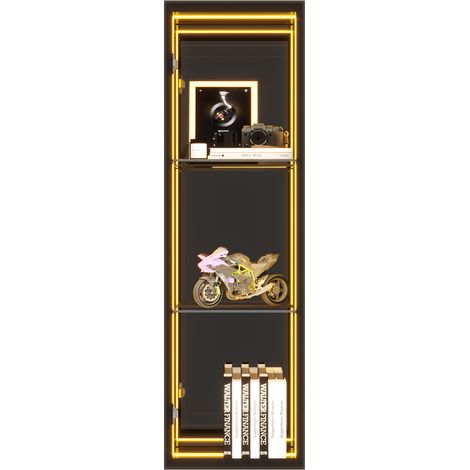 Vitrine haute en verre trempé noir avec 3 compartiments, étagères réglables, éclairage LED et portes à fermeture douce, pour salon ou collection  CHICFURN (1/5)