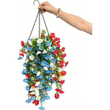 Patriotische Hängeblumenkörbe mit Solarbeleuchtung, 1 Stück (rot, weiß, blau) (1/5)