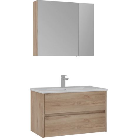 Ensemble Meuble Vasque avec Miroir (2 Pièces) "Side 85 v2" - 85 x 45 x 52 cm - Oak (1/3)