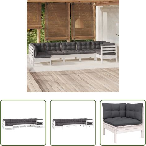 Holzgartenmöbel - 7-tlg. Garten-Lounge-Set mit Kissen Weiß Kiefernholz (1/5)