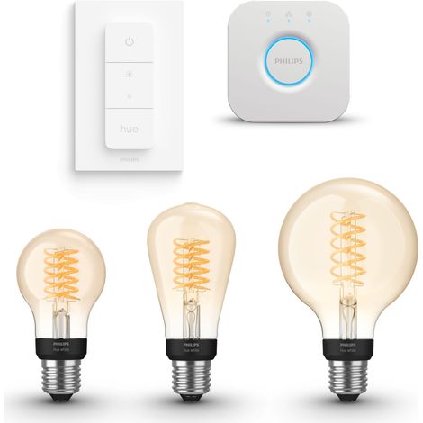 Philips Hue Kit de démarrage E27 avec 3 Ampoules à filament Mix Lumière blanche chaude - Comprend 1 Bridge, 1 Variateur de lumière - White (1/5)