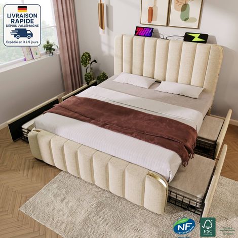 Lit adulte 160x200 cm, lit tissu capitonné / matelassé - Avec port de charge-avec 4 tiroirs, lin, Bois Certifié PEFC-contemporain, sans matelas, beige, (1/5)