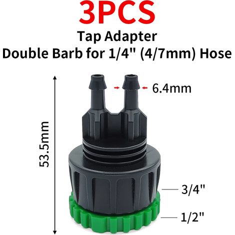 (KSL01-124-3PCS-1/4'') Adaptateur de raccordement rapide (2 pièces) avec connecteur à barbes de 1/4" (diamètre intérieur 4 mm) ou 3/8" (8 mm) pour l'irrigation, l'arrosage de jardin et les serres. (1/5)