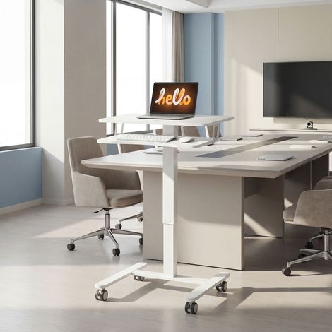 Scrivania regolabile in altezza, scrivania mobile per lavorare sia seduti che in piedi, con vassoio per tastiera, rotelle e struttura in acciaio, bianca.