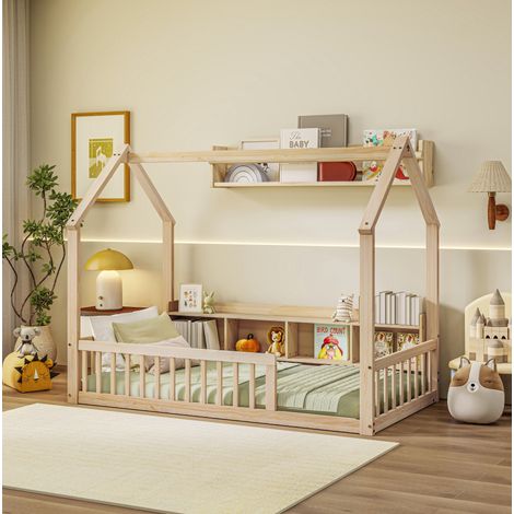 Cama de suelo tipo casita 90/200 cm de pino natural con estantes y barreras (1/5)