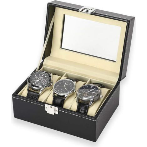 Boîte à montres à 3 emplacements, en cuir PU, verrouillable, avec présentoir noir. (1/5)