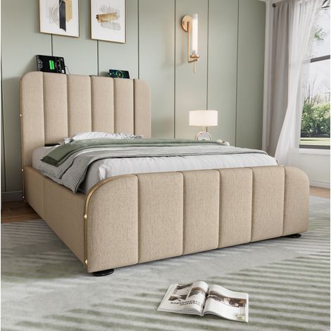 Cama con almacenaje 90x200 cm beige con colchón OKMYHOME (1/5)