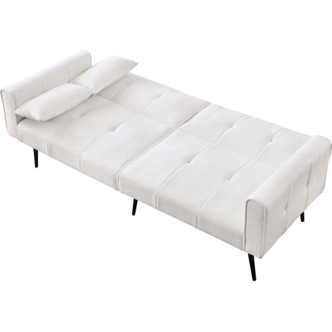 Canapé futon convertible en tissu beige au style moderne, lignes épurées, structure bois et métal, confortable pour salon ou bureau, avec CHICFURN (1/5)