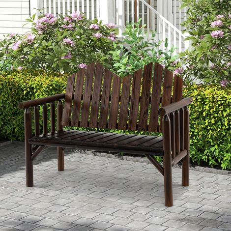 Banc de Jardin 2 Places en Bois Massif avec Dossier Incliné Siège à Lattes Spacieux et Accoudoirs de Soutien Charge 300KG Brun (1/3)