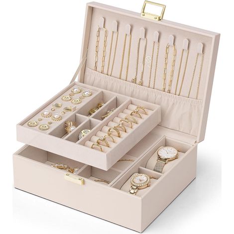 Schmuckkästchen Damen 2 Ebenen PU Leder Ringe Ohrringe Beige-rosa (1/5)