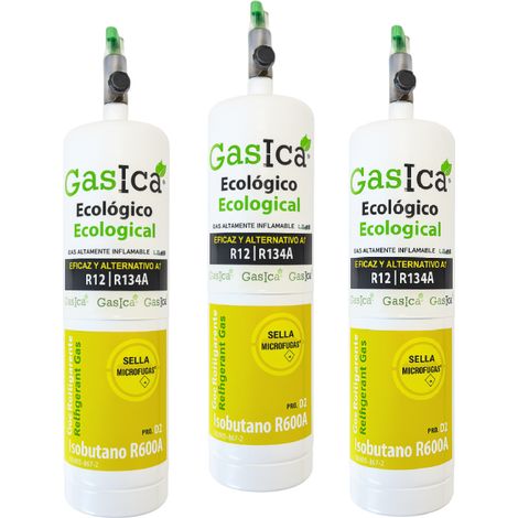 Pack 3 Gasica D2 PRO 400g  Sustituto R134a R12  Sella Fugas y Trazador Verde  Gas Ecológico HC  Válvula 1/4 SAE