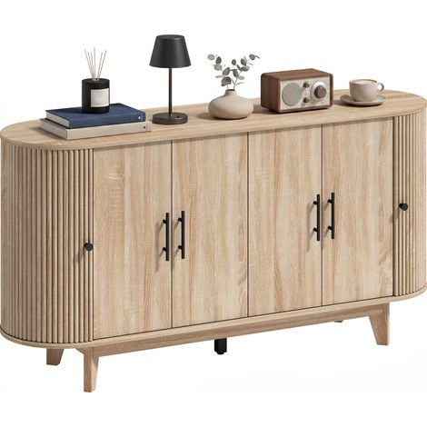 Buffet salon, meuble de rangement ovale avec 4 portes et 2 étagères réglables, 147x40x76cm, chêne (1/5)