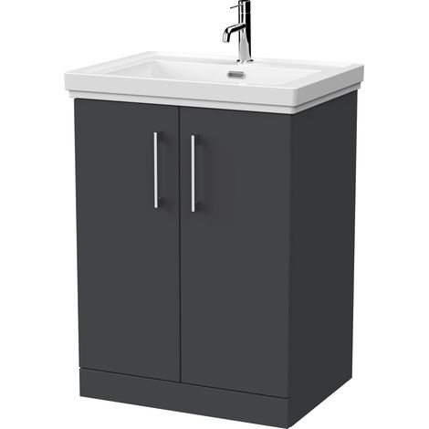 Pershall Contemporary Floor Standing 2 Door Vanity Unit with Traditional 1 Tap Hole Fireclay Basin, 600mm, Dark Grey (1/4)