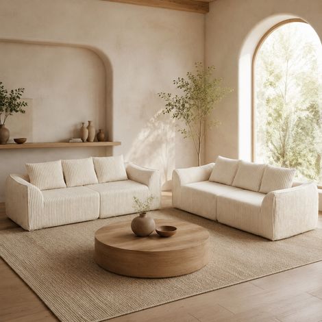 Sofá modular 235,5 x 101 x 72,5 cm de tela acanalada beige, sin montaje – MEUBLIV (1/5)