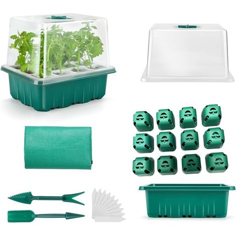 Kit de plateaux de semis avec aération réglable, mini-serre de germination et godets biodégradables (Vert) (1/5)