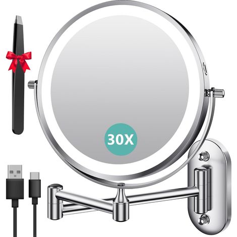 8 Pouces Miroir Grossissant Lumineux Mural x30, Miroir Grossissant Mural avec 3 Modes de Couleur, 1X/30X Grossissement Charge USB, Écran Tactile, 360° Pivotant et Extensible pour Salles de Bain