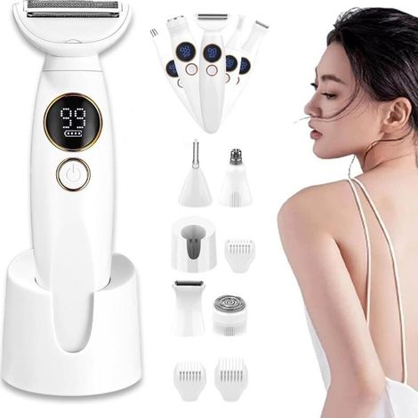 5-in-1 Damenrasierer, Neuer Elios Damenrasierer 2025, Vielseitiger Bikinitrimmer, IPX7 Wasserdichter Rasierer mit USB-Ladegerät und Display, für Bikinizone, Beine, Achseln und Nase (B) (1/4)