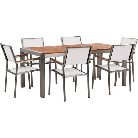 Conjunto de comedor de jardín mesa con tablero de madera de eucalipto 180 x 90 cm y 8 sillas en tela blancas Grosseto