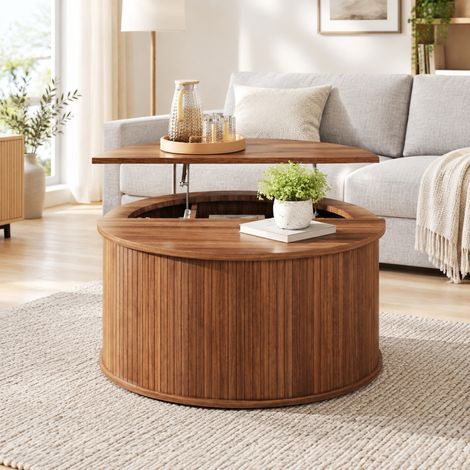 Table basse ronde relevable avec rangement MDF finition noyer OKWISH (1/5)