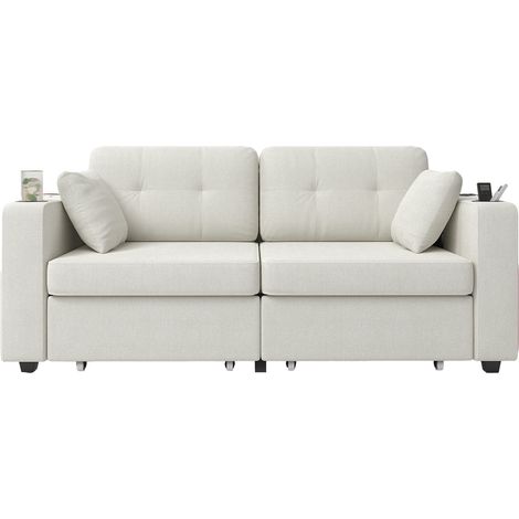 Sofá de 2 plazas en chenilla beige con 2 cajones, USB, posavasos y bolsillos laterales (1/5)
