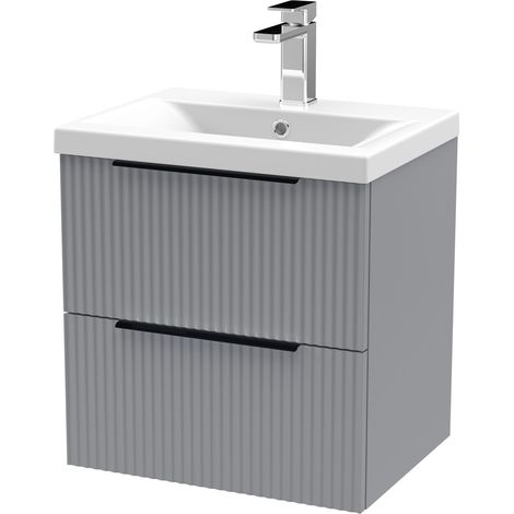 Fluted Front Wall Hung 2-Drawer Bathroom Vanity Unit 1 Tap Hole Basin, 500mm, Satin Grey - Black Handles (1/5)