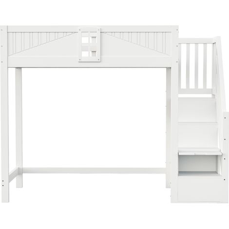 Cama alta 90 x 200 cm de madera blanca con escalera lateral reversible y almacenamiento (1/5)