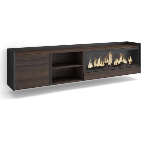 Skraut Home - Mueble TV, Televisión, Muebles de salón, almacenaje, 212x35x50cm, Para TV hasta 80", Chimenea eléctrica XXL, Colgado, Suspendido, Estilo Moderno, Roble oscuro y Negro (1/5)